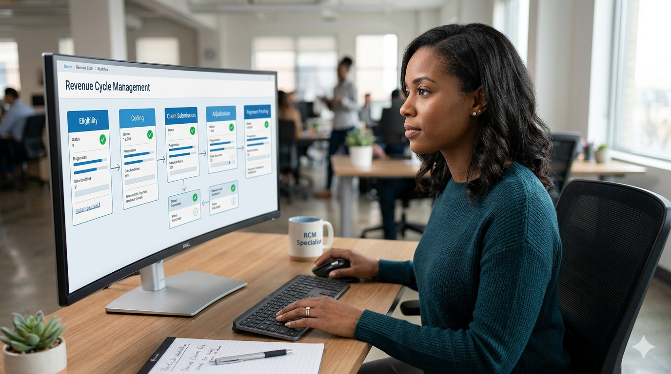 Healthcare billing specialist reviewing a revenue cycle management workflow on a computer monitor in a modern office
