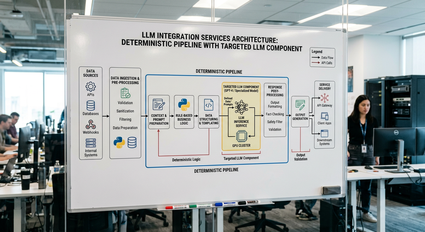 Deterministic-first LLM integration architecture diagram — deterministic code orchestrates targeted LLM calls