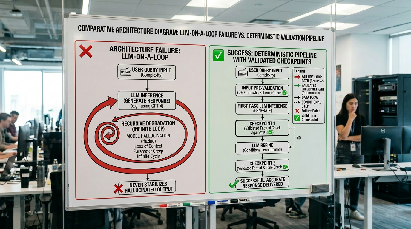 Comparative Architecture Diagram: LLM-on-a-Loop Failure vs. Deterministic Validation Pipeline
