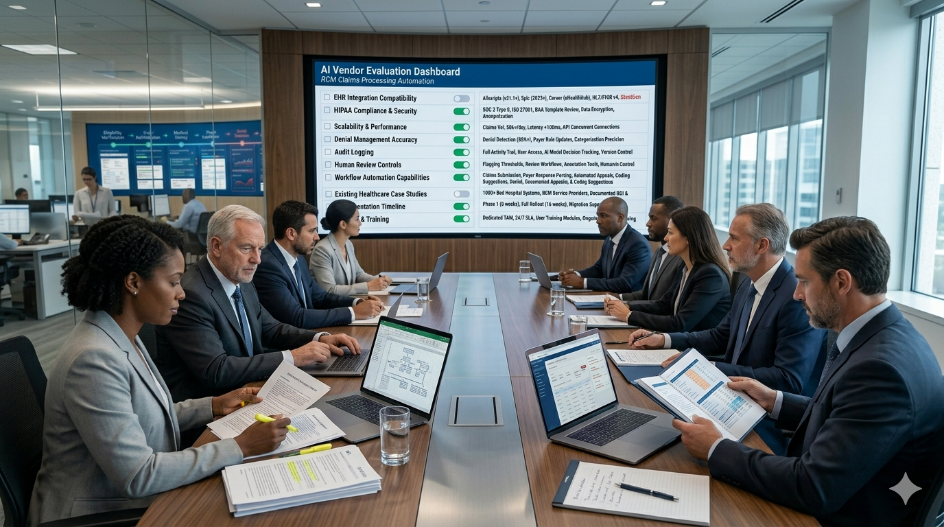 Checklist graphic for evaluating AI vendors for RCM claims processing — covering EHR integration, HIPAA compliance, scalability, and case study requirements